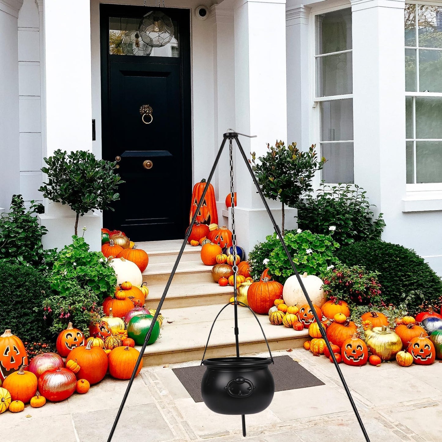Halloween Witches Cauldron, Black Plastic Witches Cauldron on Tripod with Green Led Light, Halloween Hanging Decoration Hocus Pocus Outdoor Home Porch Candy Bucket Decoration
