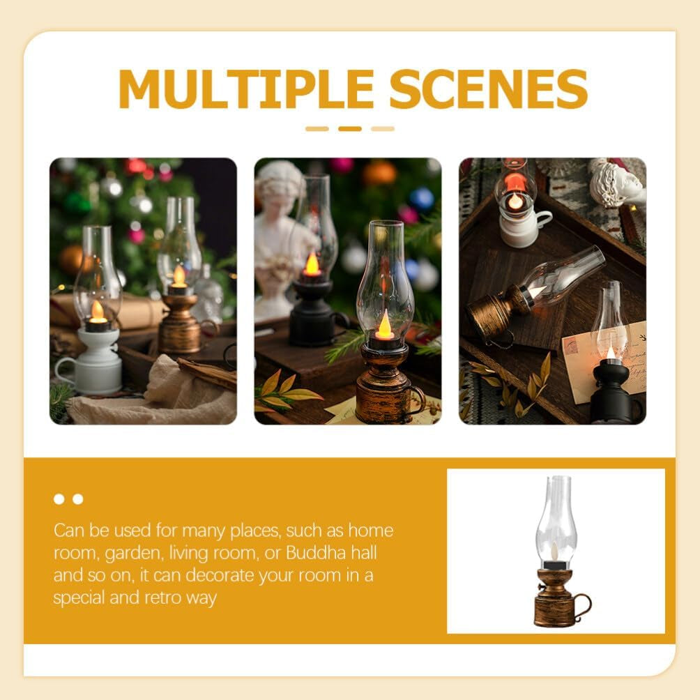 Zerodeko Vintage Flameless Table Lamp LED Kerosene Lantern Clear Hurricane Lamp Battery Operated Nightstand for Bedroom Living Room, Chrome, PP, Components, 7.24" X 18.4" X 1.97"