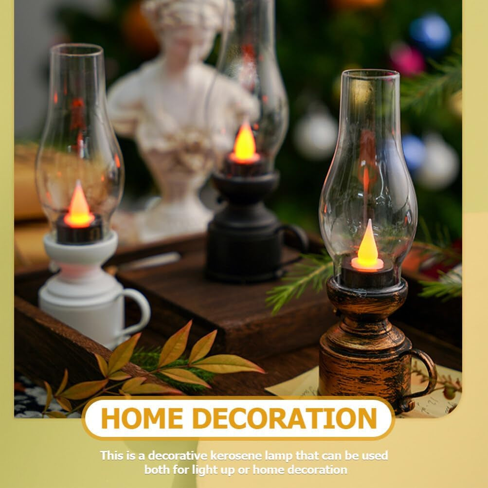 Zerodeko Vintage Flameless Table Lamp LED Kerosene Lantern Clear Hurricane Lamp Battery Operated Nightstand for Bedroom Living Room, Chrome, PP, Components, 7.24" X 18.4" X 1.97"