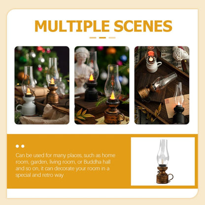 Zerodeko Vintage Flameless Table Lamp LED Kerosene Lantern Clear Hurricane Lamp Battery Operated Nightstand for Bedroom Living Room, Chrome, PP, Components, 7.24" X 18.4" X 1.97"