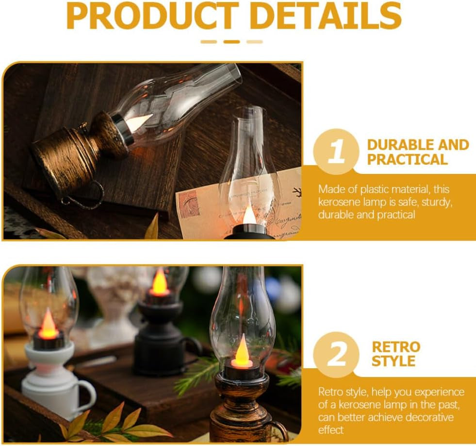 Zerodeko Vintage Flameless Table Lamp LED Kerosene Lantern Clear Hurricane Lamp Battery Operated Nightstand for Bedroom Living Room, Chrome, PP, Components, 7.24" X 18.4" X 1.97"