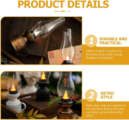 Zerodeko Vintage Flameless Table Lamp LED Kerosene Lantern Clear Hurricane Lamp Battery Operated Nightstand for Bedroom Living Room, Chrome, PP, Components, 7.24" X 18.4" X 1.97"