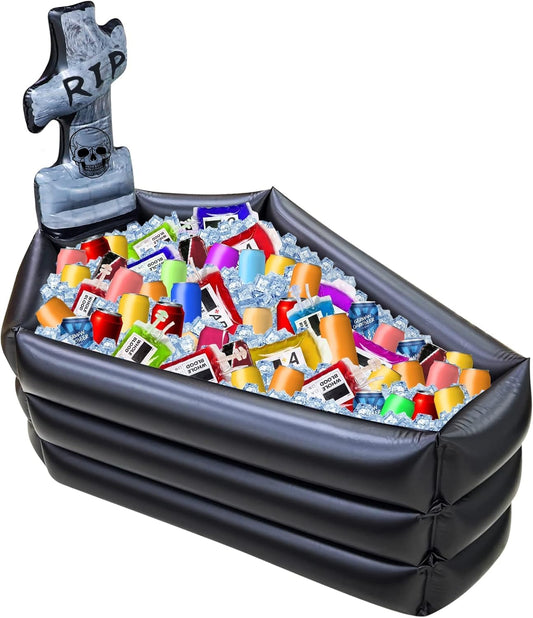 TURNMEON 43 Inch Halloween Inflatable Tombstone Coffin Drink Cooler 100+ Cans Large Capacity Halloween Party Decorations Indoor Outdoor Home Party Supplies Inflatable Serving Bar Food Drink Container