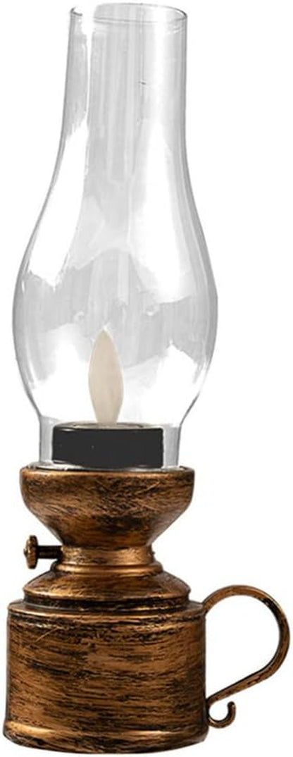 Zerodeko Vintage Flameless Table Lamp LED Kerosene Lantern Clear Hurricane Lamp Battery Operated Nightstand for Bedroom Living Room, Chrome, PP, Components, 7.24" X 18.4" X 1.97"