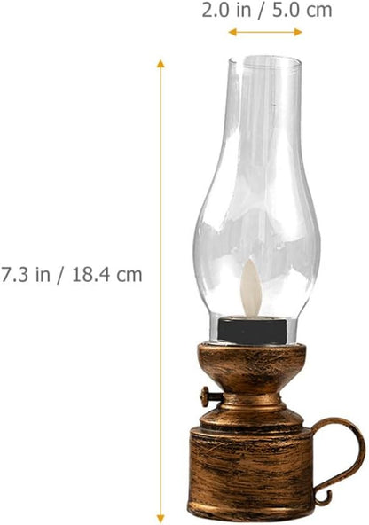 Zerodeko Vintage Flameless Table Lamp LED Kerosene Lantern Clear Hurricane Lamp Battery Operated Nightstand for Bedroom Living Room, Chrome, PP, Components, 7.24" X 18.4" X 1.97"